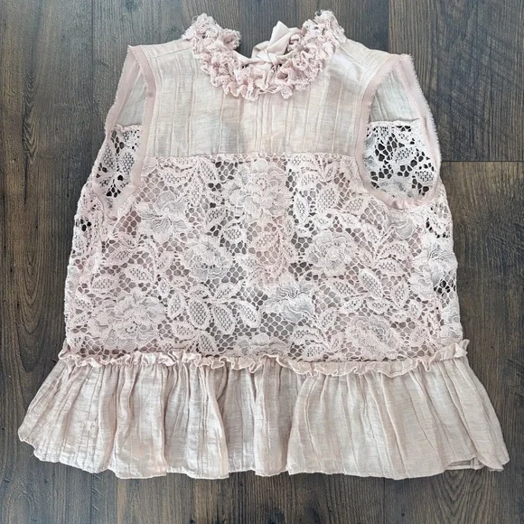 ALEXIS Pink Floral Lace Peplum Top XS Cottagecore Coquette Sleeveless Tie Back - Picture 4 of 9